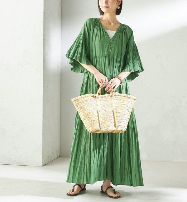 SHIPS for women「《予約》【SHIPS別注】Fanaka:〈手洗い可能〉クリンクル 袖 フレア ワンピース」|ワンピース|グリーン