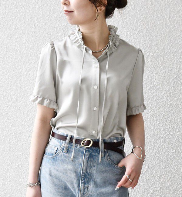 SHIPS any「《予約》SHIPS any:〈洗濯機可能〉サテン フリル カラー リボン シャツ ブラウス 26SS」|シャツ・ブラウス|