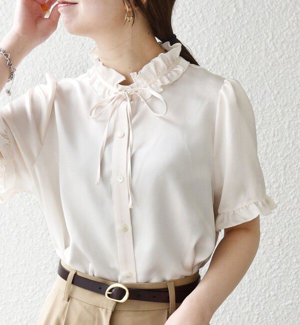 SHIPS any「《予約》SHIPS any:〈洗濯機可能〉サテン フリル カラー リボン シャツ ブラウス 26SS」|シャツ・ブラウス|クリーム