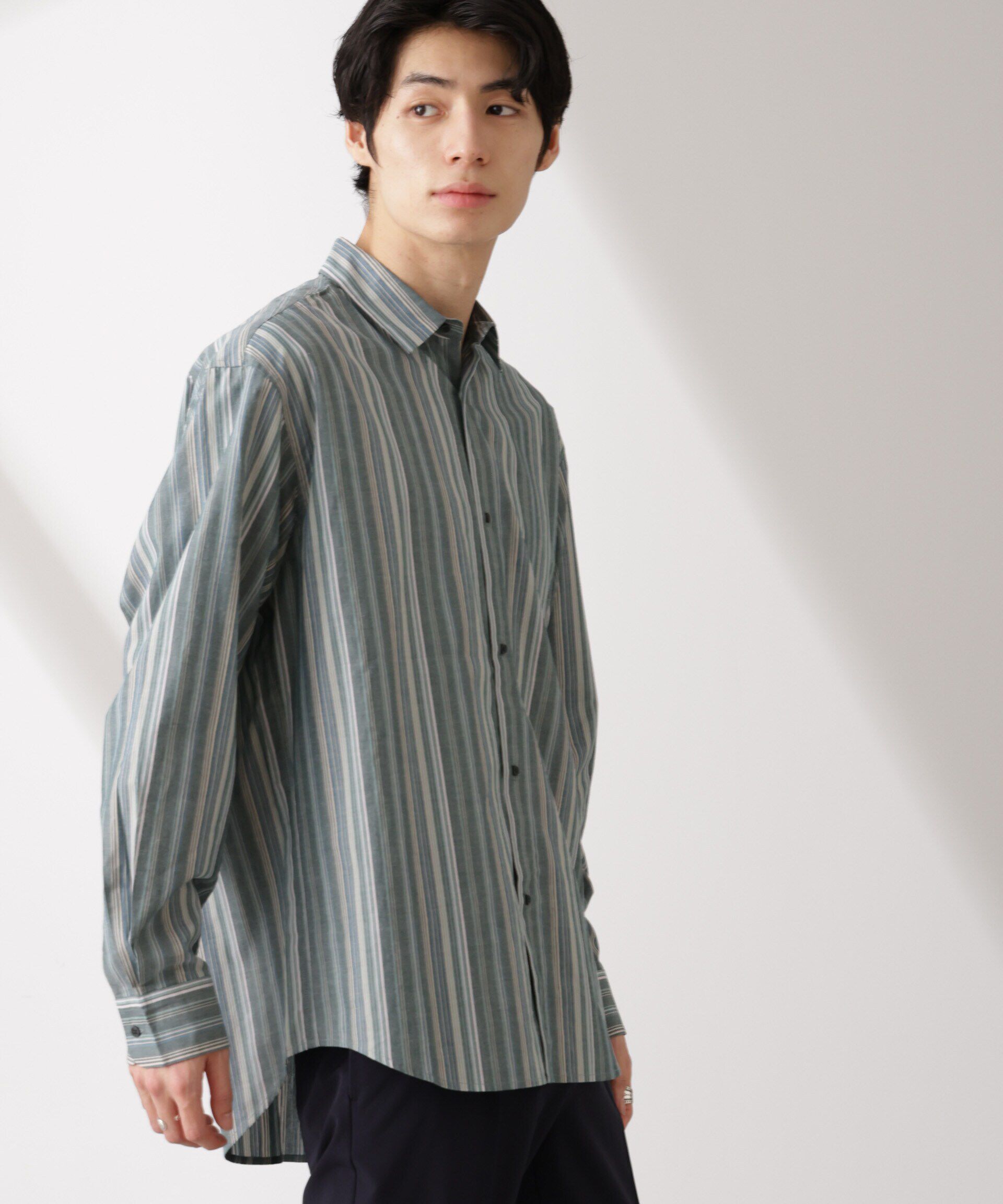 nano･universe「ランダムストライプシャツ 長袖」|シャツ・ブラウス|グリーン