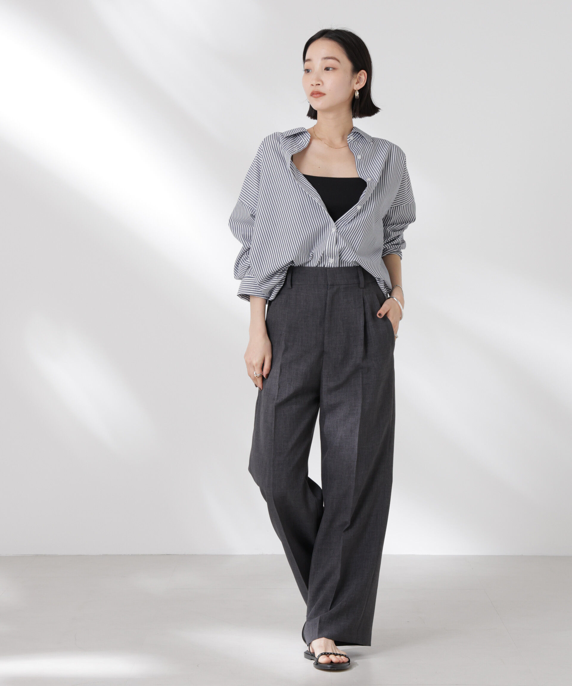 nano･universe「リネンライクセンタープレスタックパンツ(セットアップ可)」|チノ|