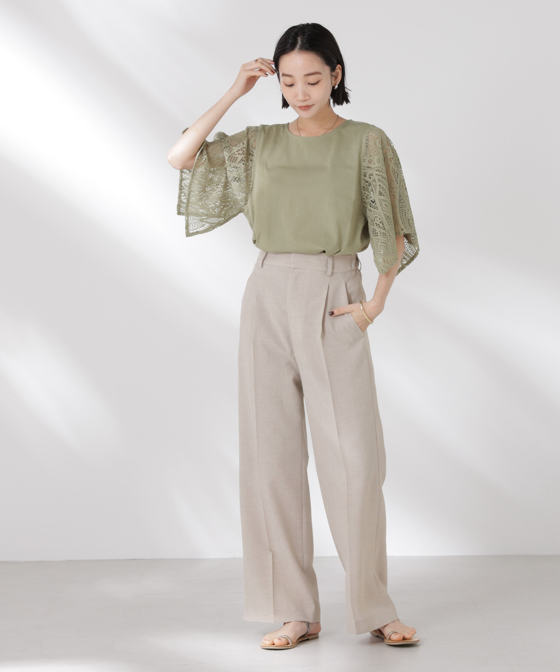 nano･universe「リネンライクセンタープレスタックパンツ(セットアップ可)」|チノ|