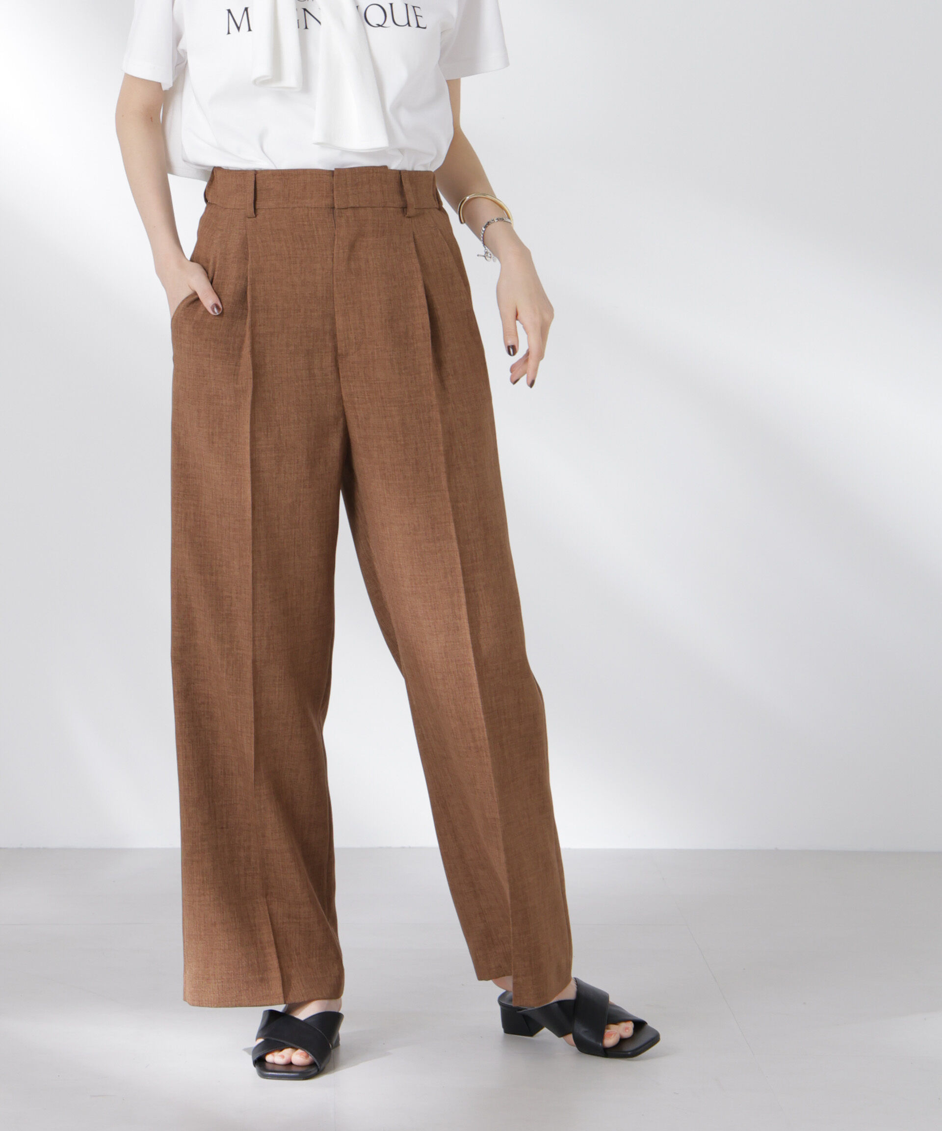 nano･universe「リネンライクセンタープレスタックパンツ(セットアップ可)」|チノ|