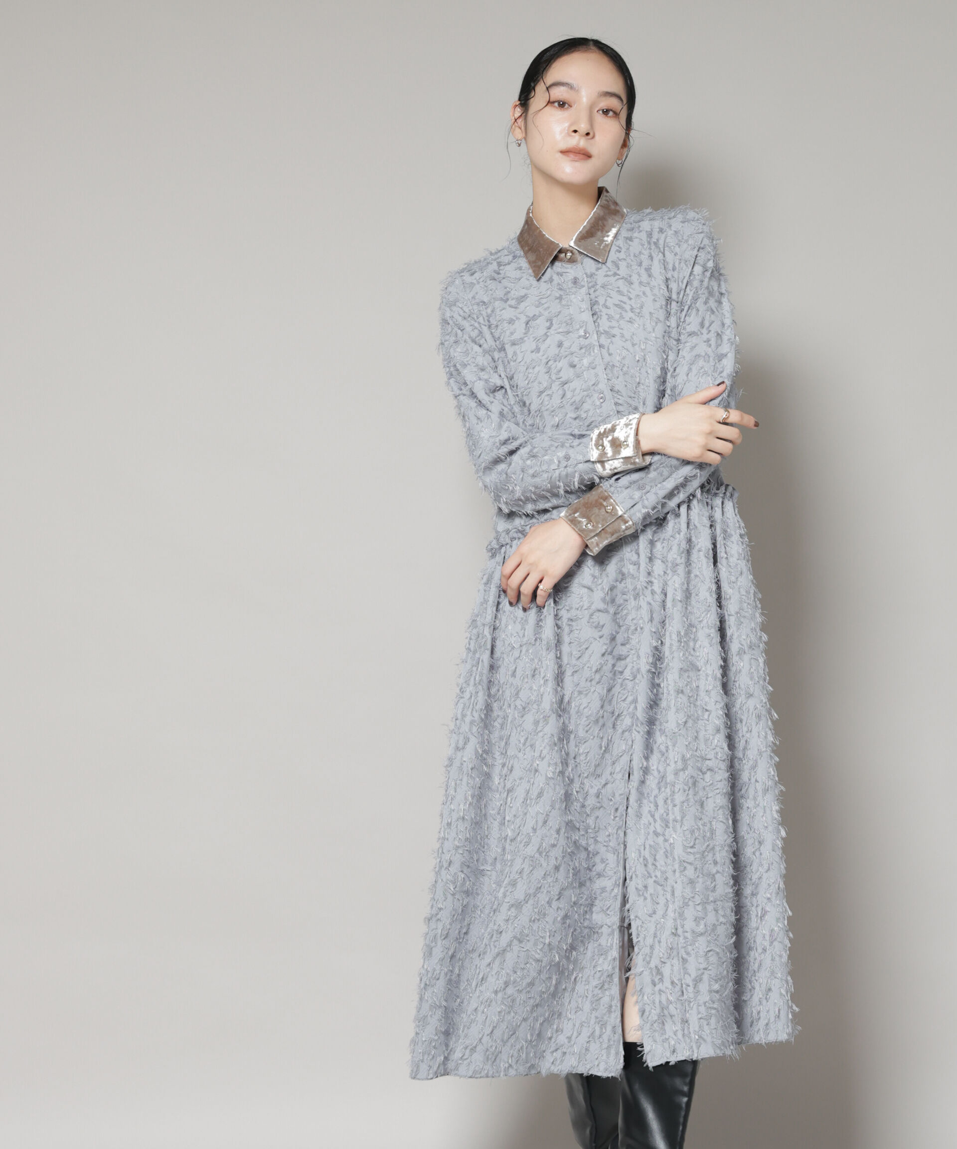 nano･universe「フリンジジャガードナローシャツワンピース」|ワンピース|