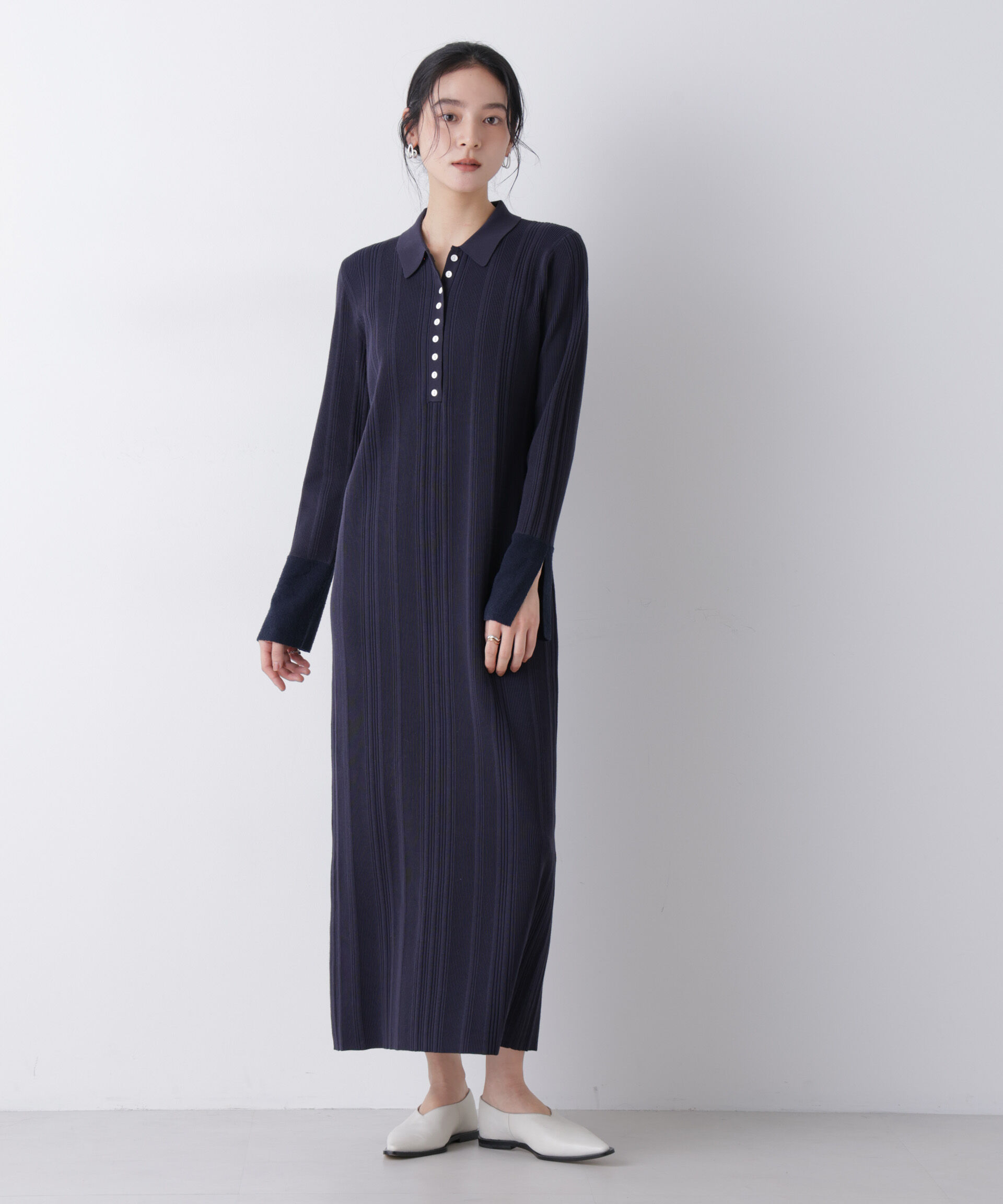 nano･universe「衿付きランダムリブニットワンピース」|ワンピース|ネイビー