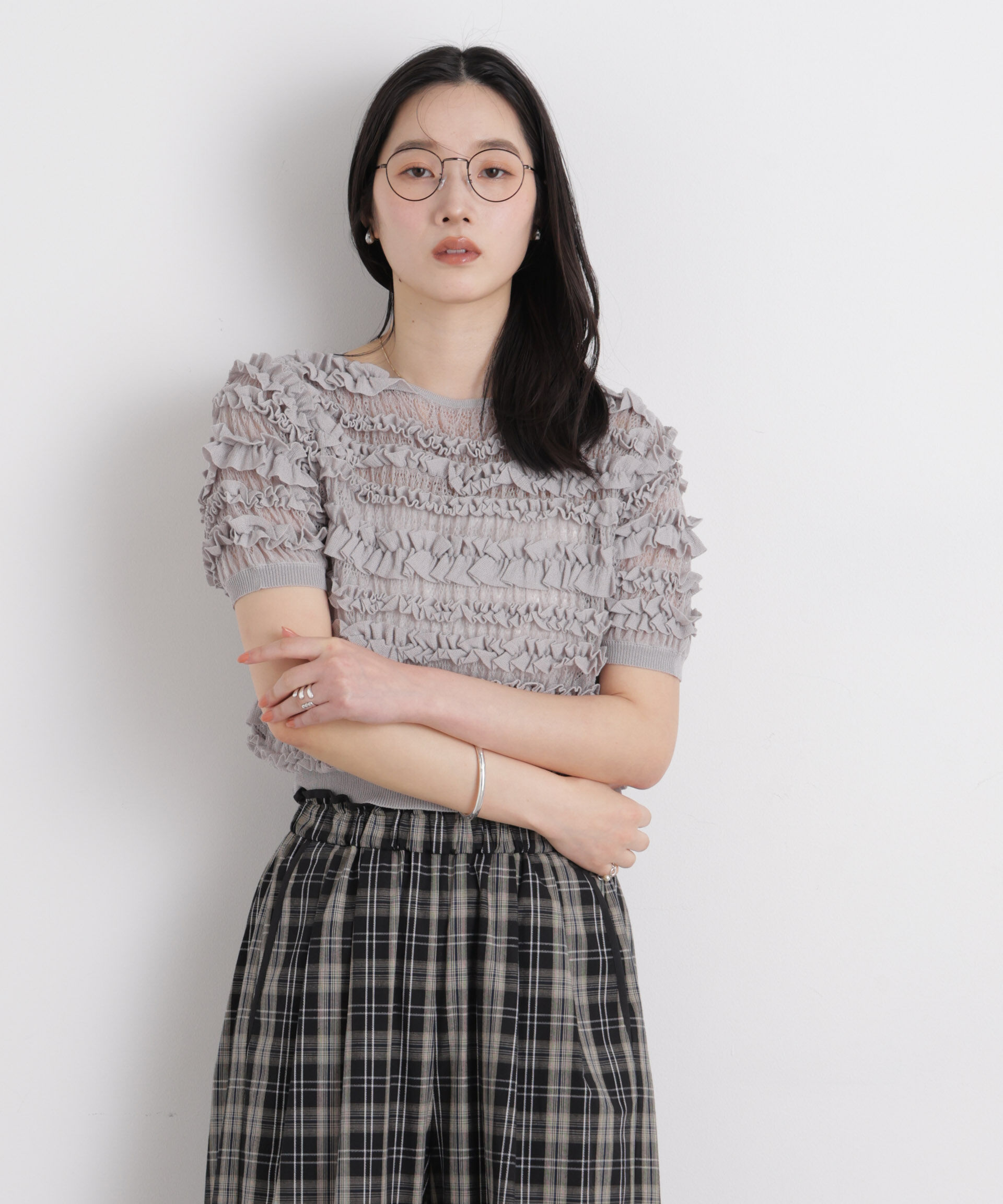nano･universe「フリルシャーリングコンパクトニット」|ニット・セーター|グレー