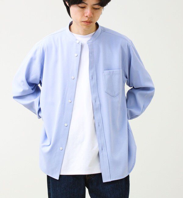 GLOSTER「【きれい見えラク素材】crunchyバンドカラーシャツ」|シャツ・ブラウス|サックス