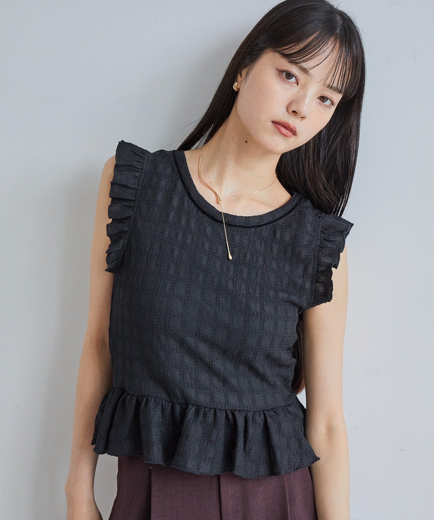 VIS「【洗える】シャーリングフリルトップス」|Tシャツ・カットソー|