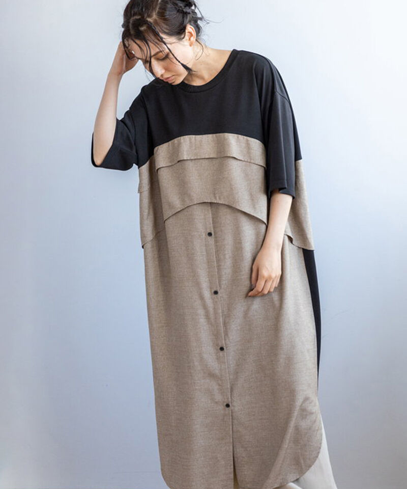  「シャツ切替ワンピース」|ワンピース|BLACK