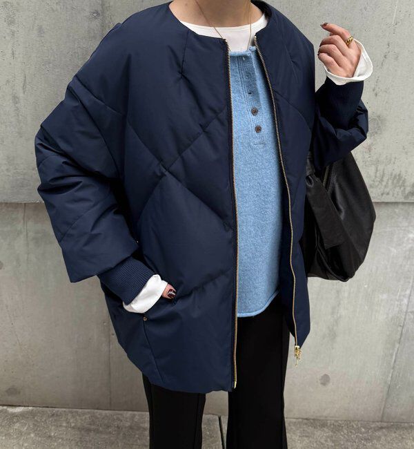  「ノーカラーダウンコート」|その他|ネイビー