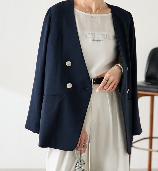  「《自宅で洗える》ジャージノーカラーダブルジャケット/セレモニー」|スーツ|ネイビー