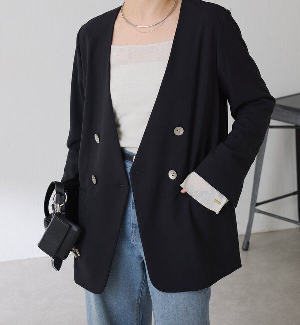  「《自宅で洗える》ジャージノーカラーダブルジャケット/セレモニー」|スーツ|