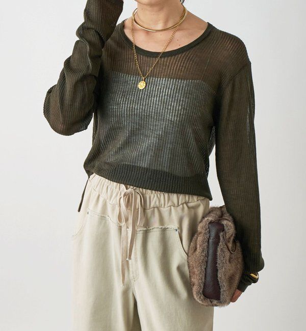  「【抜け感◎】シアーUネックニット」|ニット・セーター|カーキ