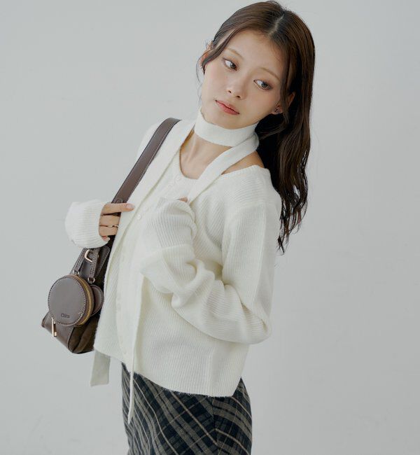  「チョーカー付きラウンドボタンコンパクトカーディガン」|カーディガン|