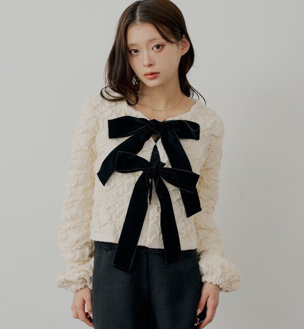  「【SALON by Chico】前後2wayフロントリボン配色カーディガン」|カーディガン|