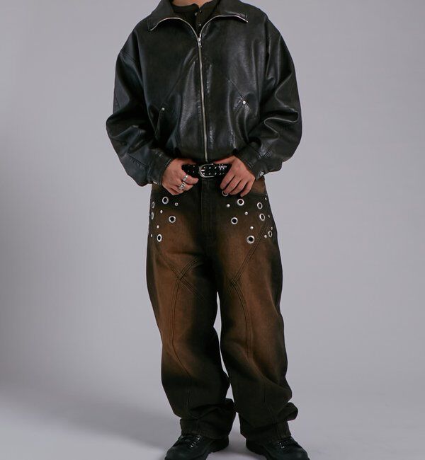  「ヴィンテージライクレザースタンドカラーブルゾン」|ブルゾン・スタジャン|