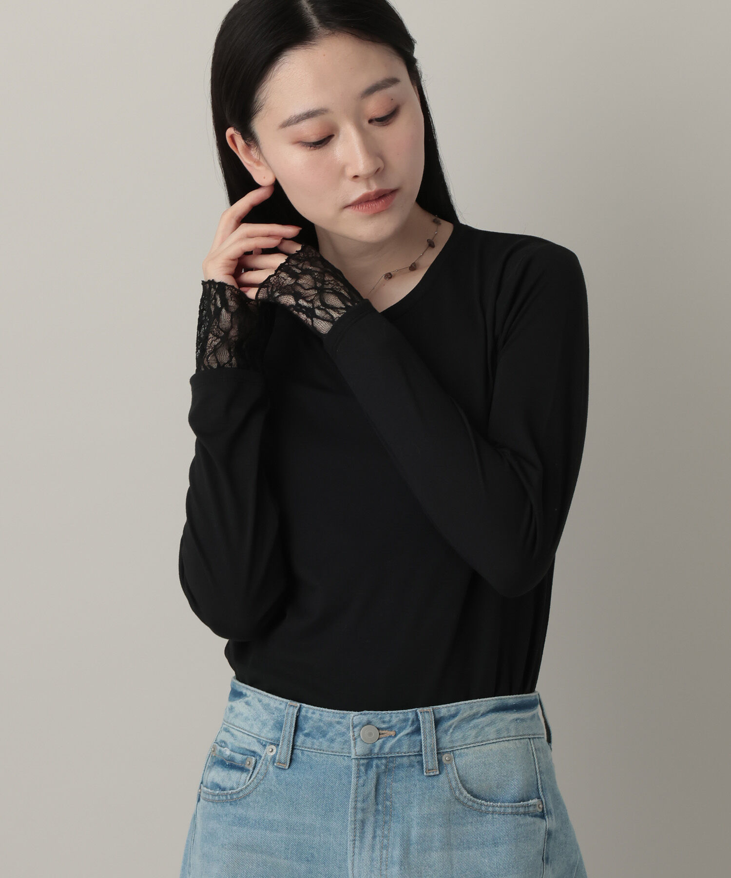 A part by 「レースレイヤードスリーブ_長袖」|Tシャツ・カットソー|ブラック