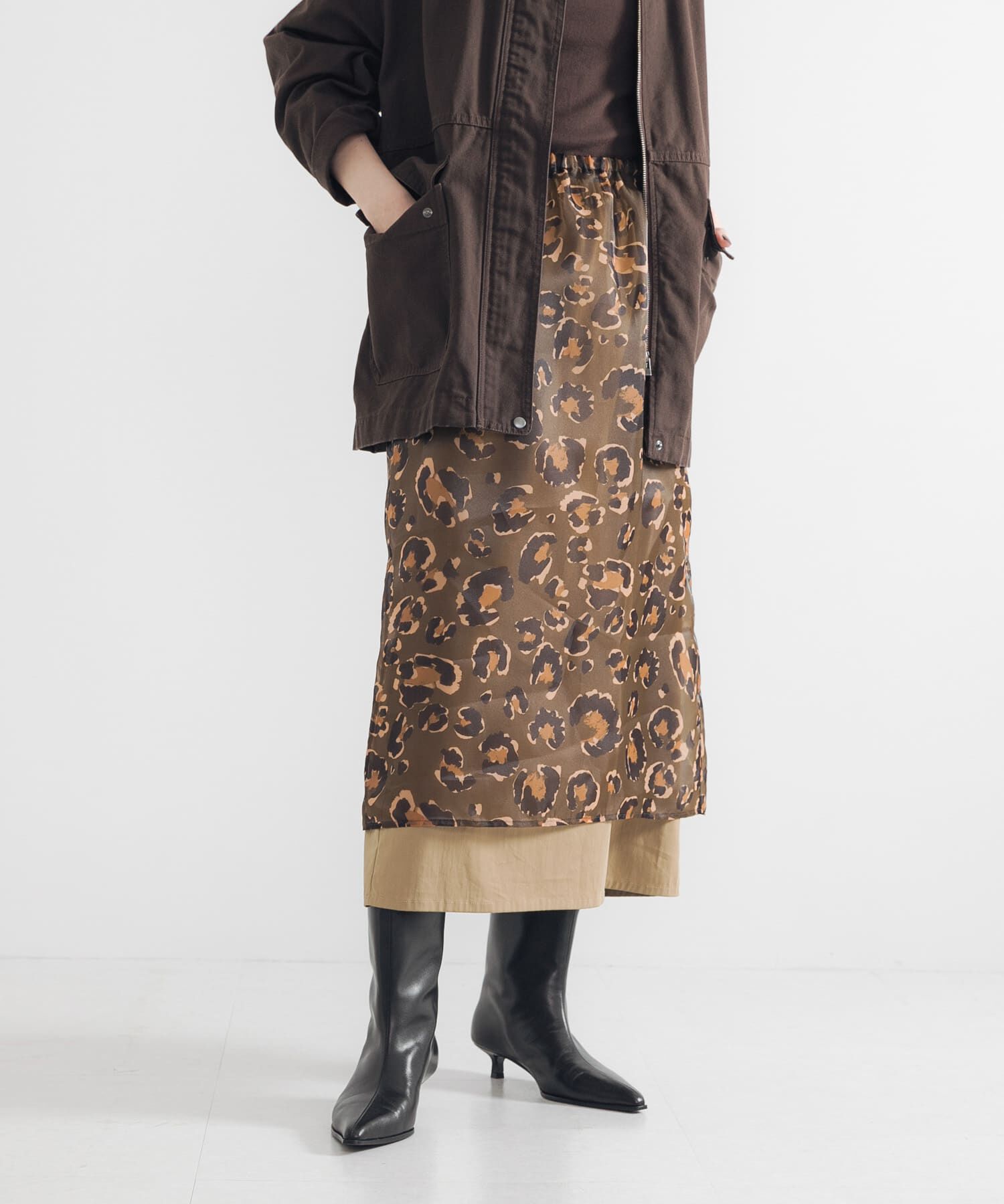 URBAN RESEARCH「レオパードプリントレイヤードスカート」|スカート|カーキ
