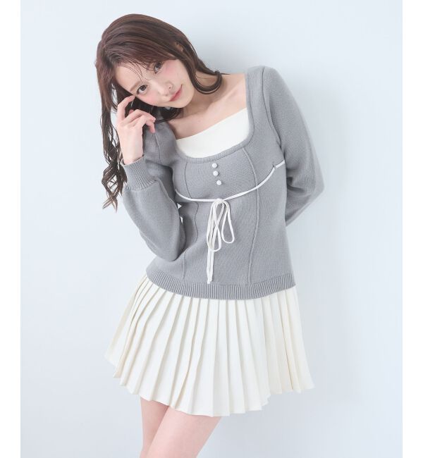  「レイヤードライクプリーツニットワンピ」|ワンピース|グレー