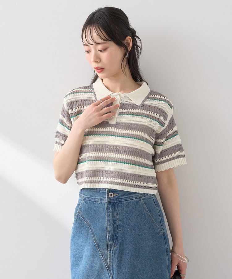 earth music&ecology「キラキラボタン透かしニットポロ」|ニット・セーター|