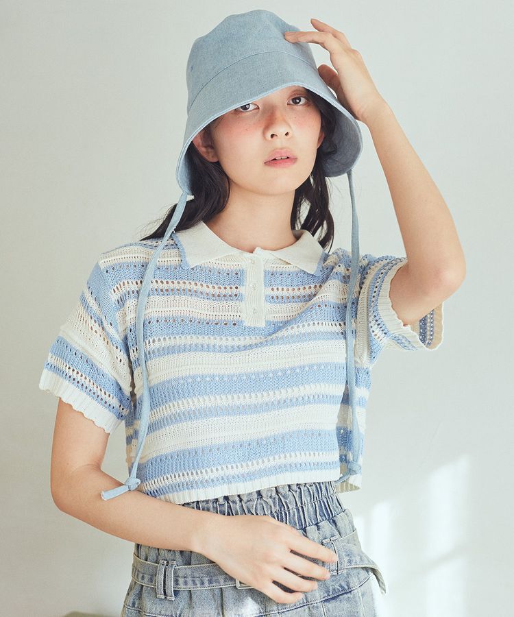 earth music&ecology「キラキラボタン透かしニットポロ」|ニット・セーター|