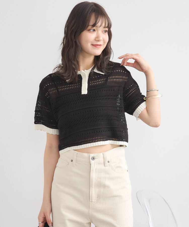 earth music&ecology「キラキラボタン透かしニットポロ」|ニット・セーター|Black