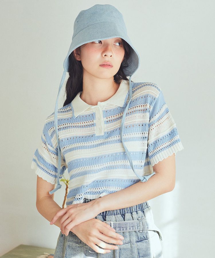 earth music&ecology「キラキラボタン透かしニットポロ」|ニット・セーター|ボーダーブルー
