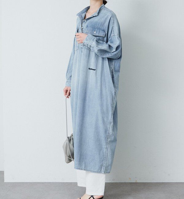  「ヴィンテージライクデニムバンドカラーワンピース」|ワンピース|