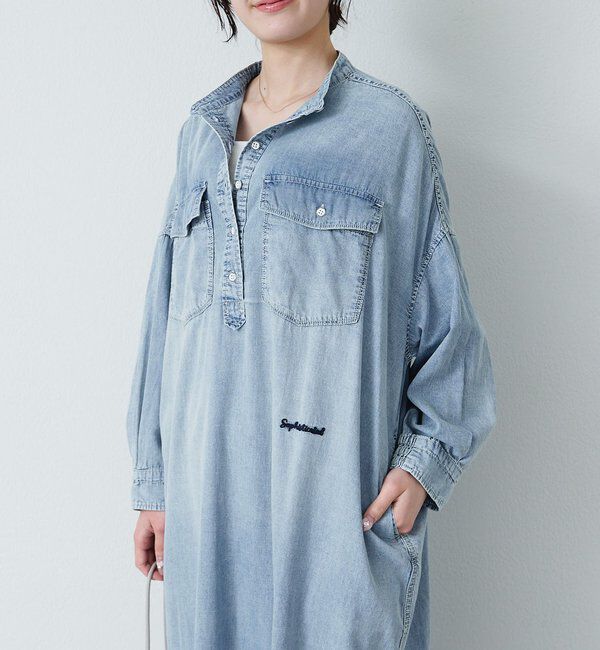  「ヴィンテージライクデニムバンドカラーワンピース」|ワンピース|