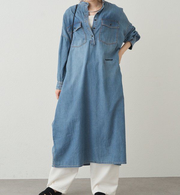  「ヴィンテージライクデニムバンドカラーワンピース」|ワンピース|インディゴブルー