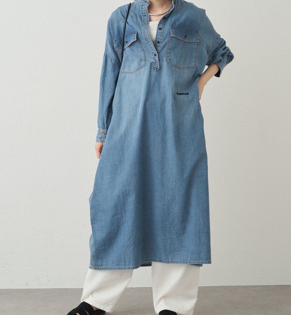  「ヴィンテージライクデニムバンドカラーワンピース」|ワンピース|