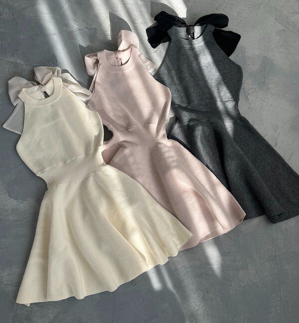  「2wayフェザーカーデSET後ろリボンニットミニワンピ」|ワンピース|