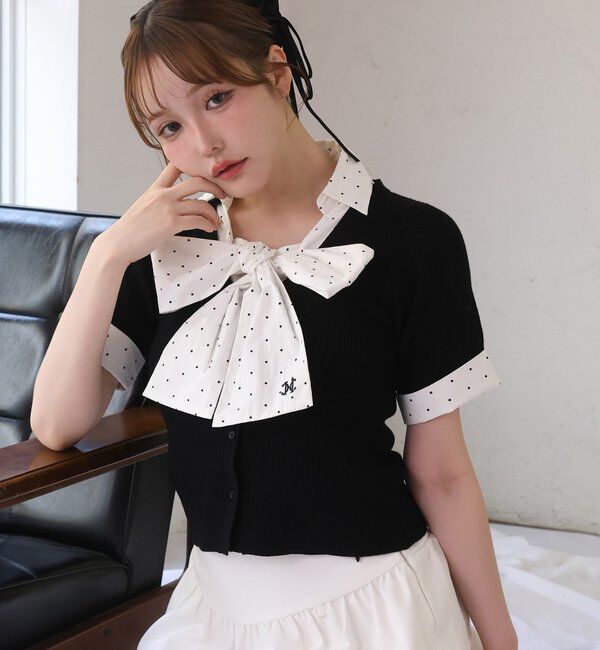  「【リボン取り外し可能】リボンシャツドッキングニット」|ニット・セーター|ブラック