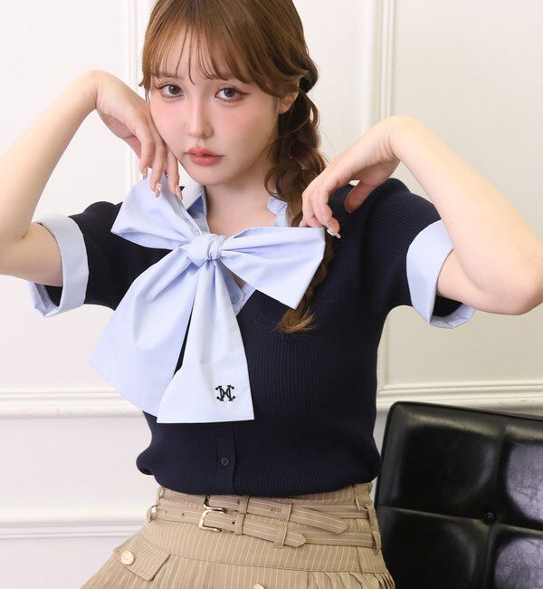  「【リボン取り外し可能】リボンシャツドッキングニット」|ニット・セーター|ネイビー