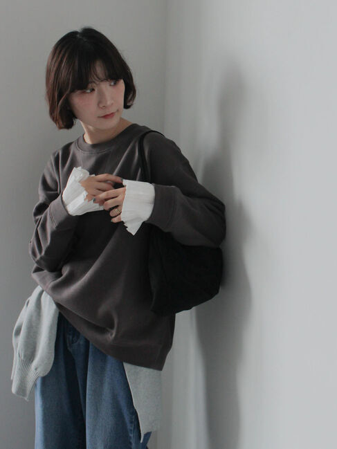 Samansa Mos2 blue「袖プリーツ裏起毛スウェット」|Tシャツ・カットソー|チャコールグレー