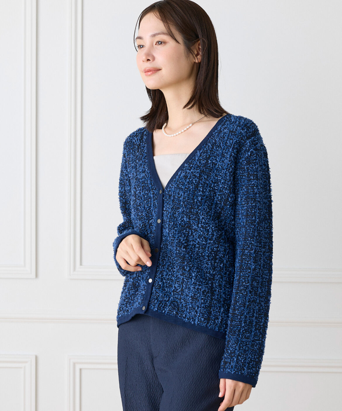 Le Souk「《大きいサイズ》ツイード柄Vネックカーディガン」|カーディガン|ネイビー