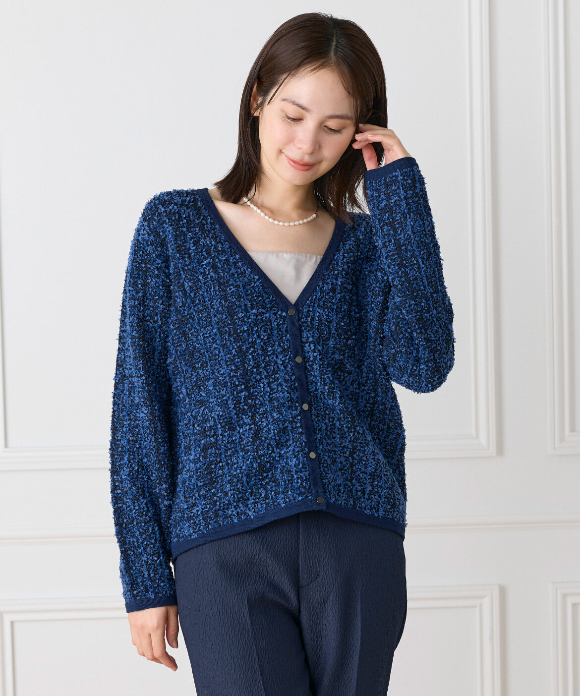 Le Souk「《大きいサイズ》ツイード柄Vネックカーディガン」|カーディガン|