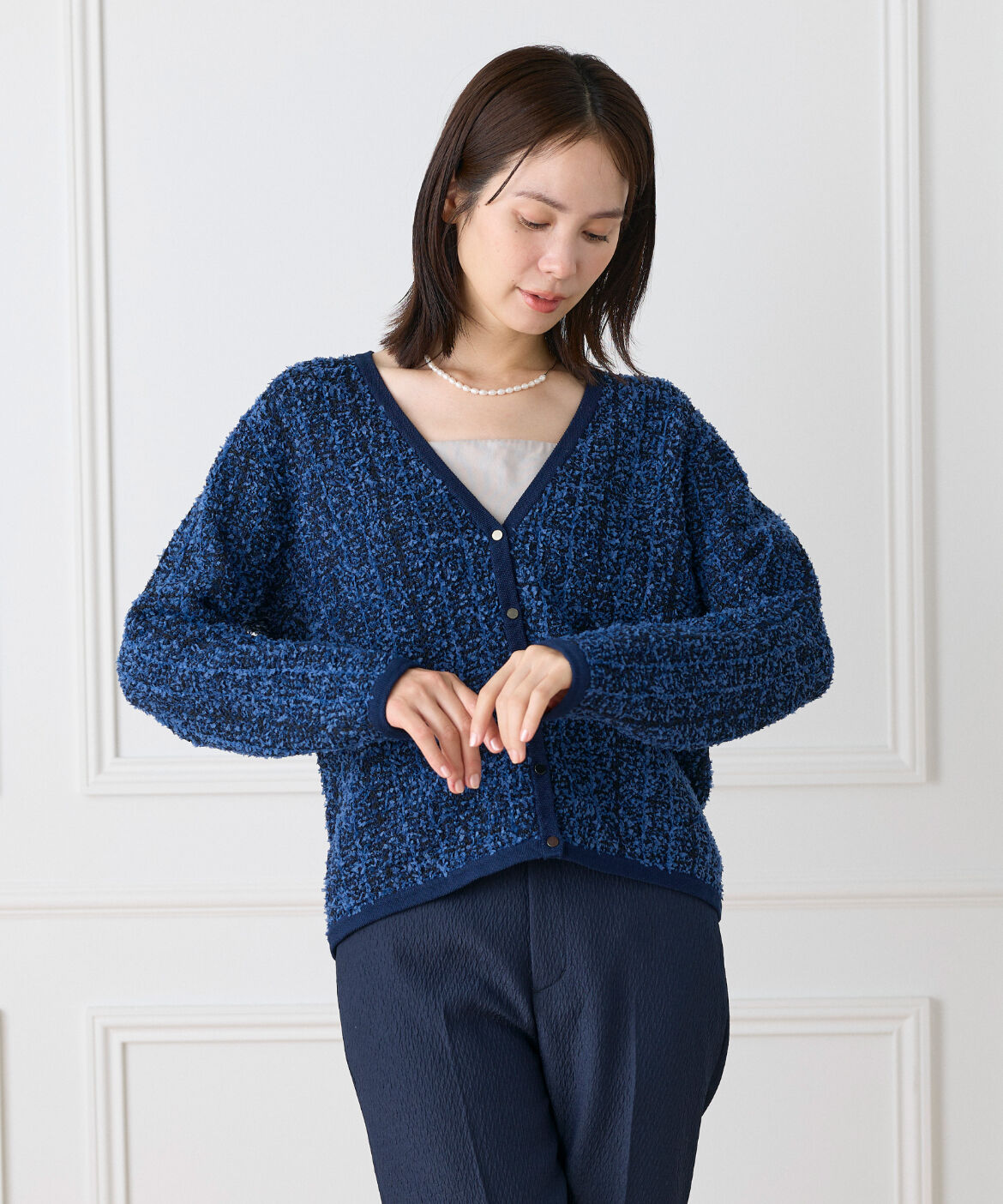 Le Souk「《大きいサイズ》ツイード柄Vネックカーディガン」|カーディガン|