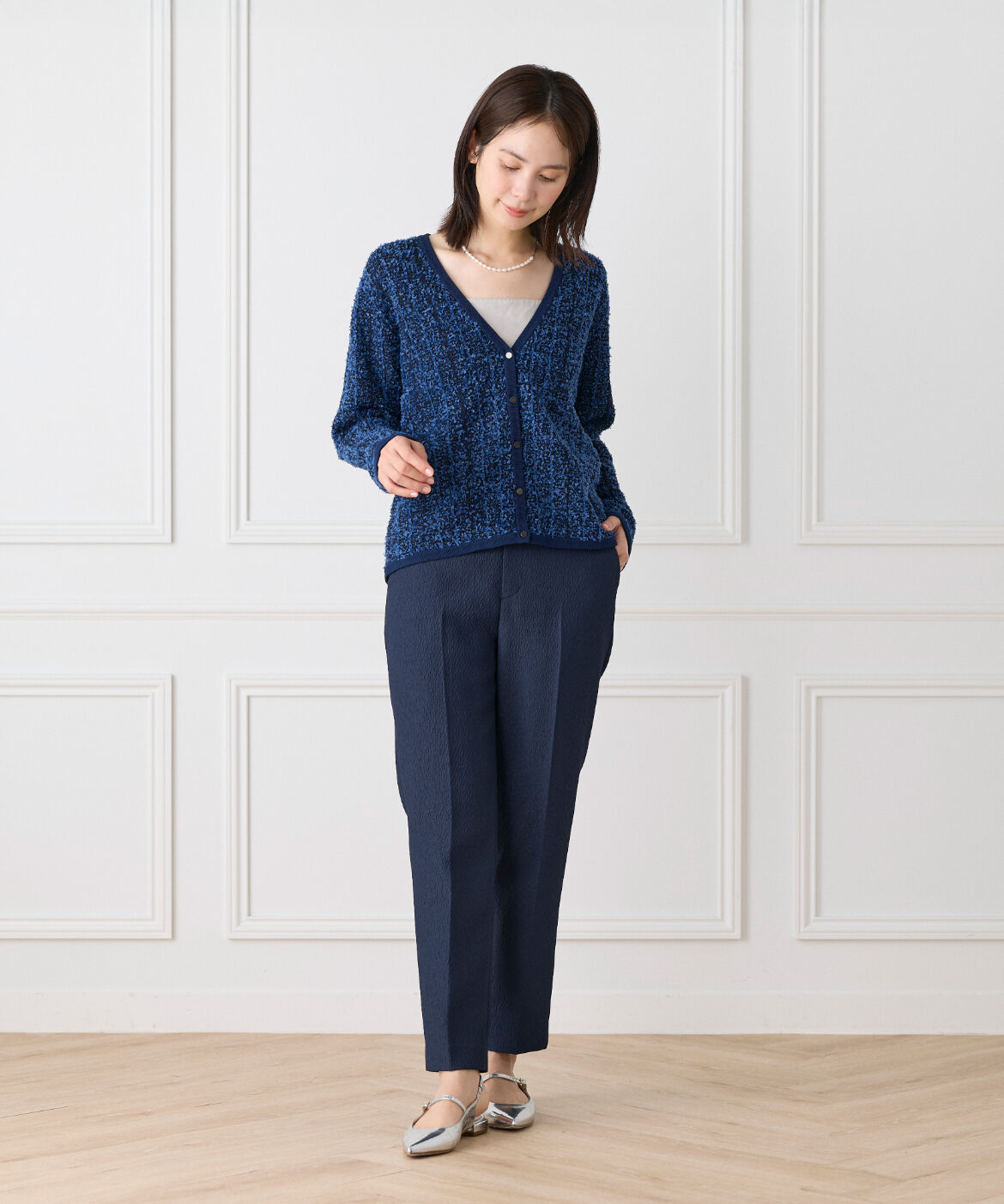 Le Souk「《大きいサイズ》ツイード柄Vネックカーディガン」|カーディガン|