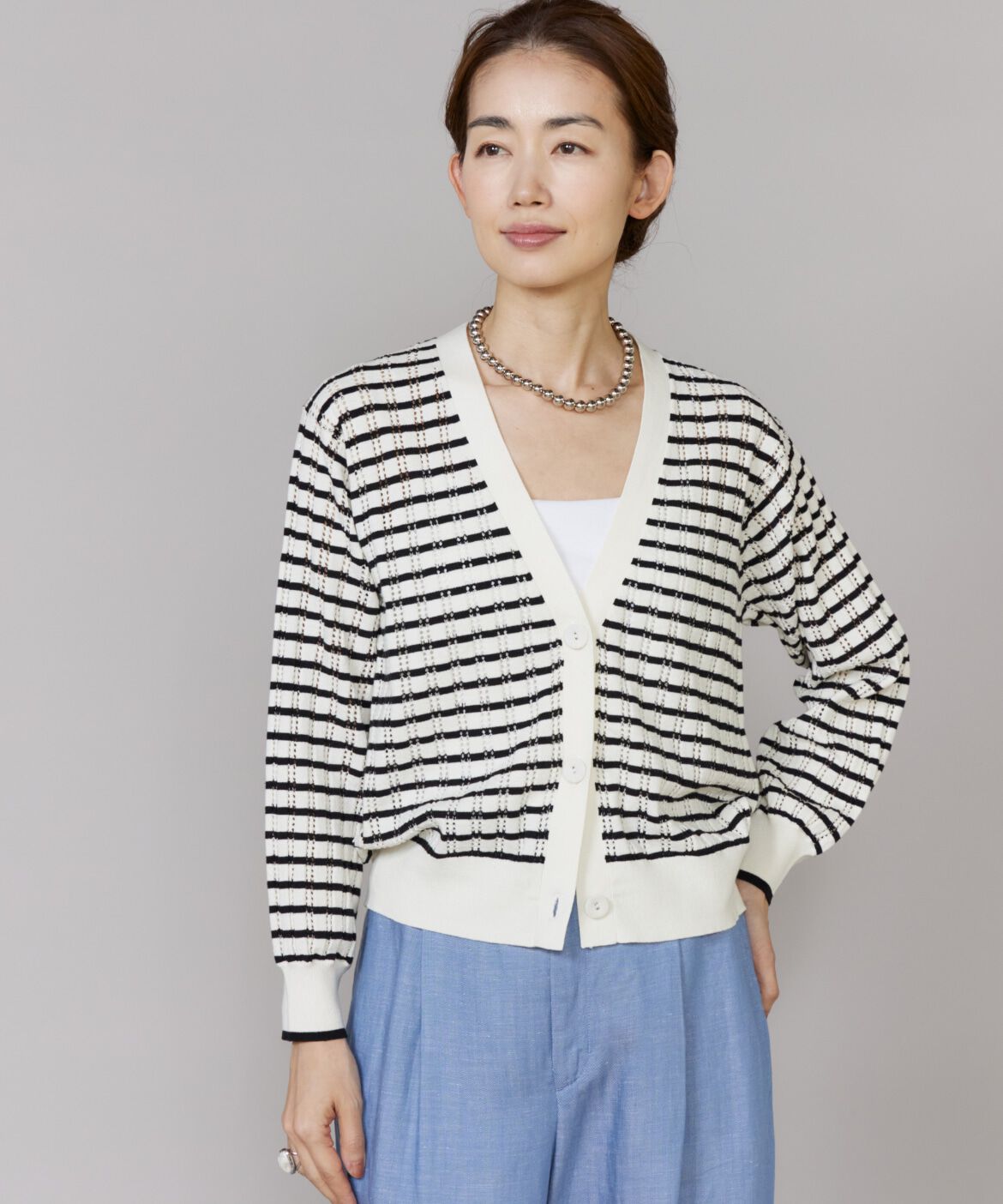 Le Souk「透かし柄リブクルーVネックカーディガン」|カーディガン|ボーダー7