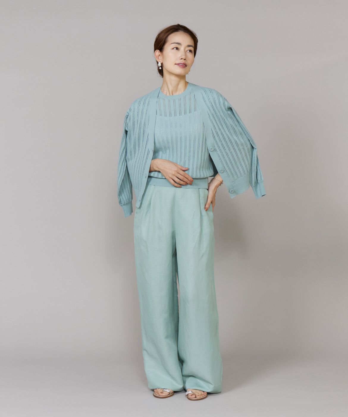 Le Souk「透かし柄リブクルーVネックカーディガン」|カーディガン|