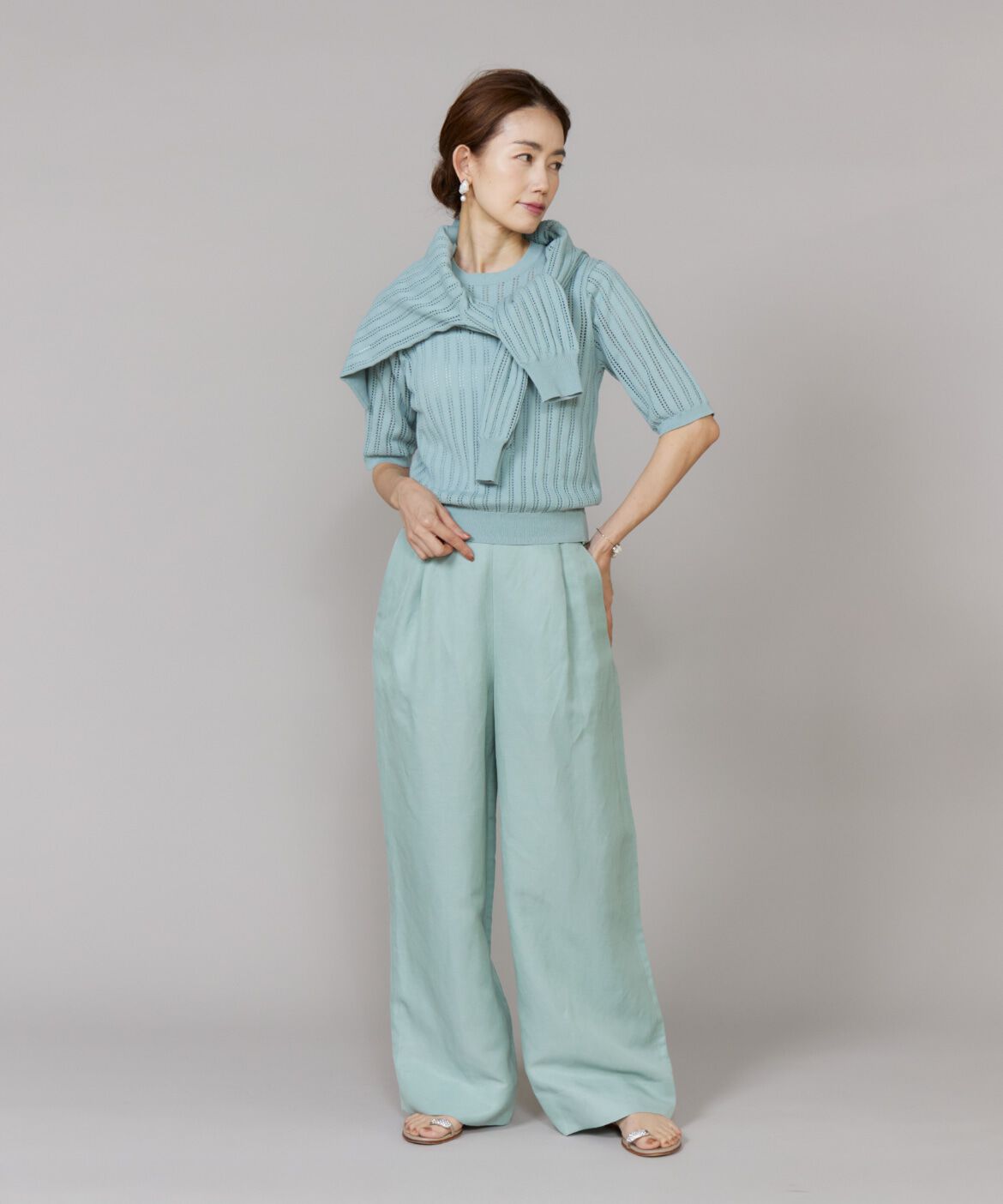 Le Souk「透かし柄リブクルーVネックカーディガン」|カーディガン|