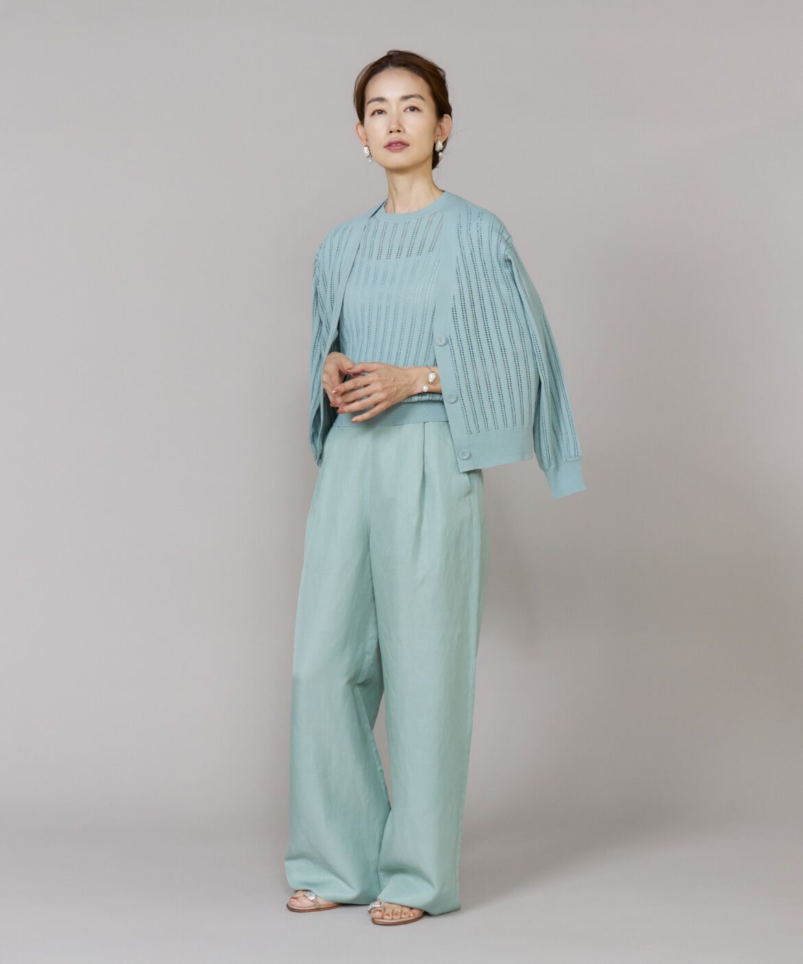 Le Souk「《大きいサイズ》透かし柄リブクルーVネックカーディガン」|カーディガン|