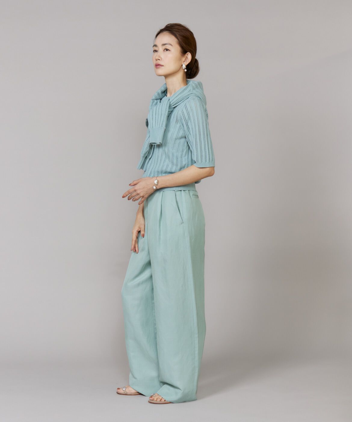 Le Souk「《大きいサイズ》透かし柄リブクルーVネックカーディガン」|カーディガン|