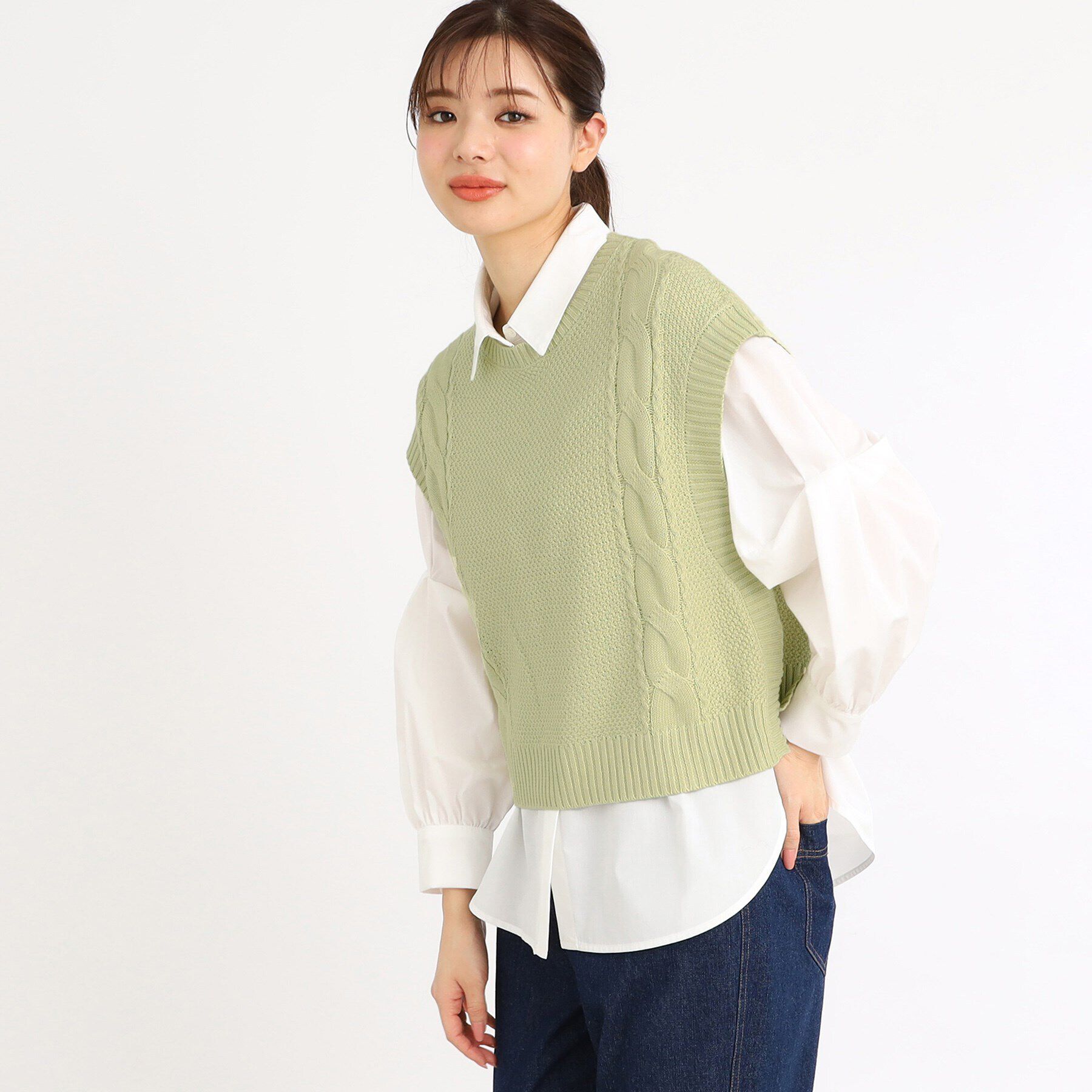 Reflect「【夏SALE／E‐QUALITY／手洗い可】ケーブル編みニットベスト＋シャツセット」|シャツ・ブラウス|