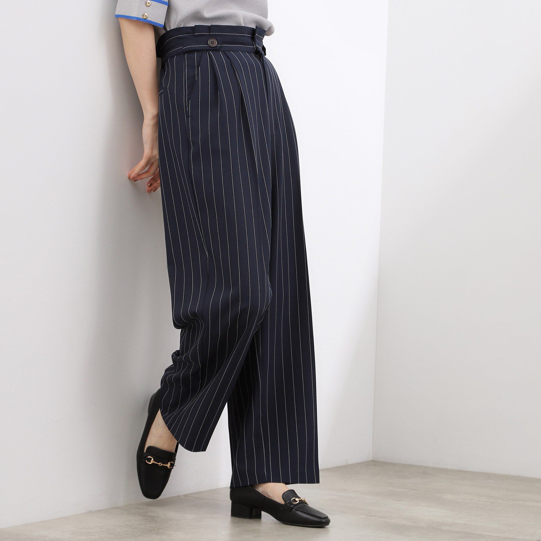 grove「【貴島明日香さん着用】リネンライクストライプワイドパンツ」|その他|ネイビーストライプ(