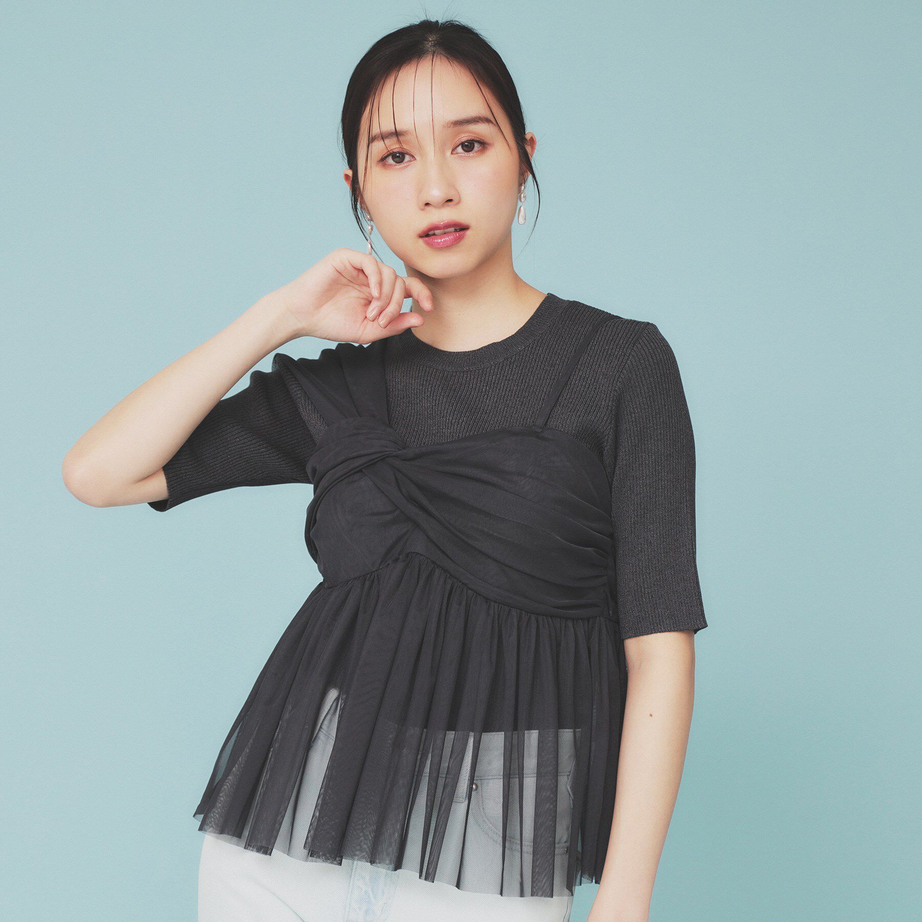 index「《ツインセット》アシメチュールキャミ&times;ラメリブニット【洗濯機洗い可】」|ニット・セーター|チャコールグレー(0