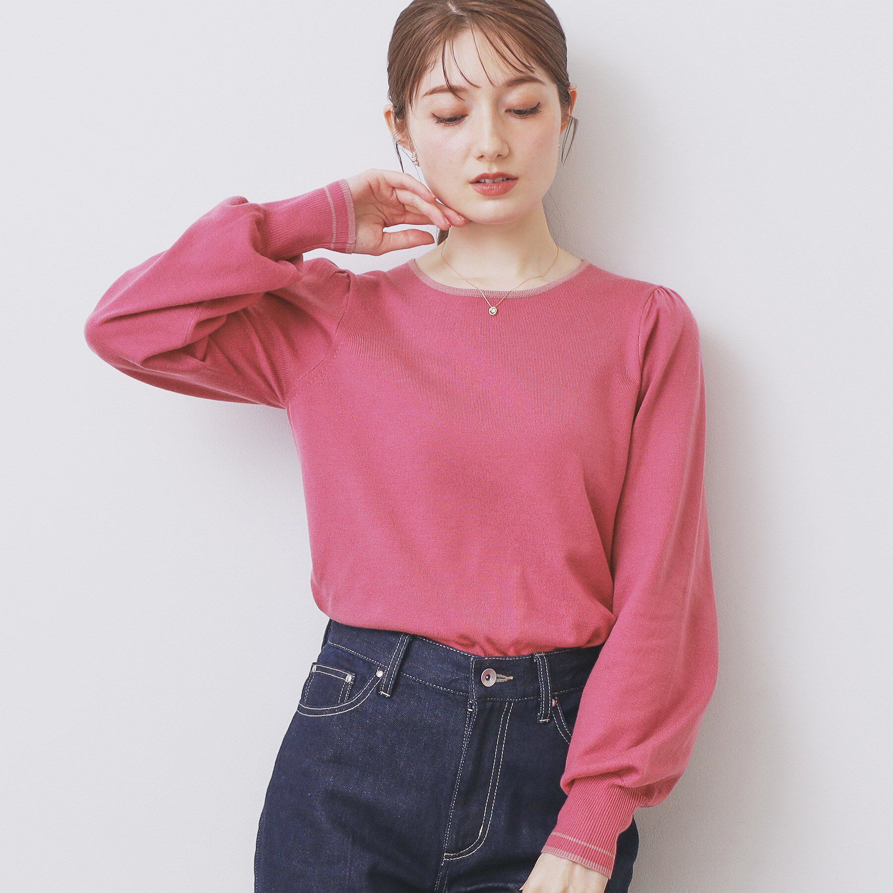 index「バイカラーパフスリーブニット【洗濯機OK】」|ニット・セーター|ピンク(572)