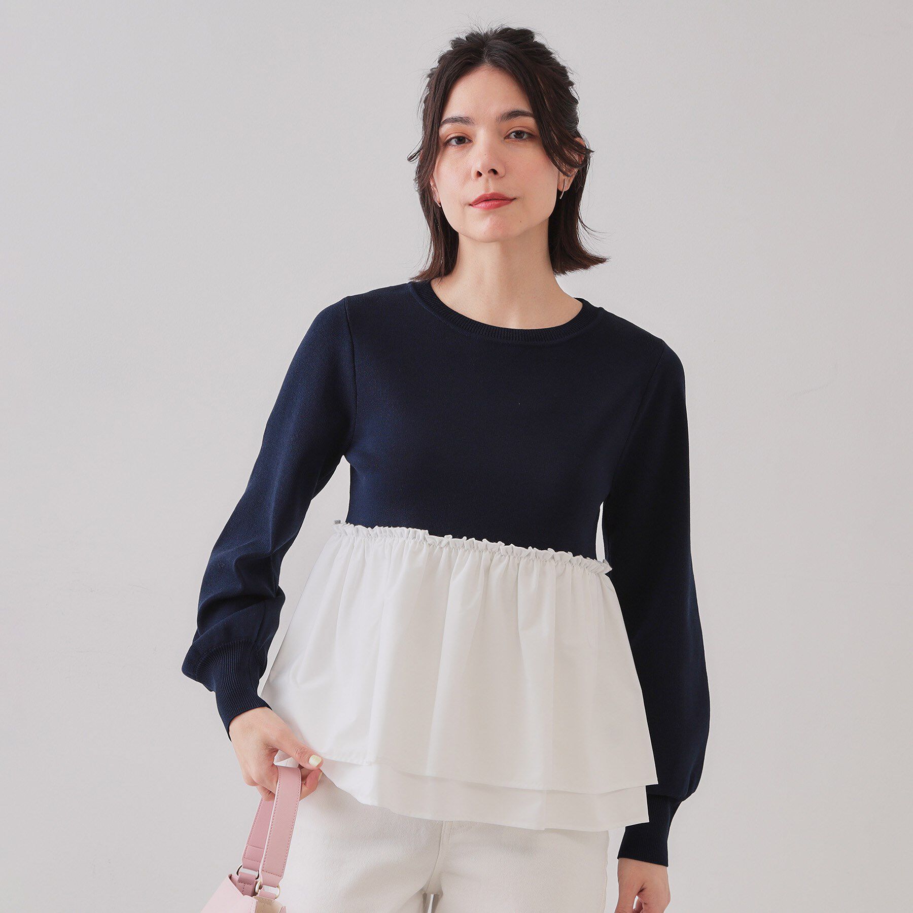 OPAQUE.CLIP「配色ペプラムドッキングニット【洗濯機洗い可】」|Tシャツ・カットソー|ネイビー(594)