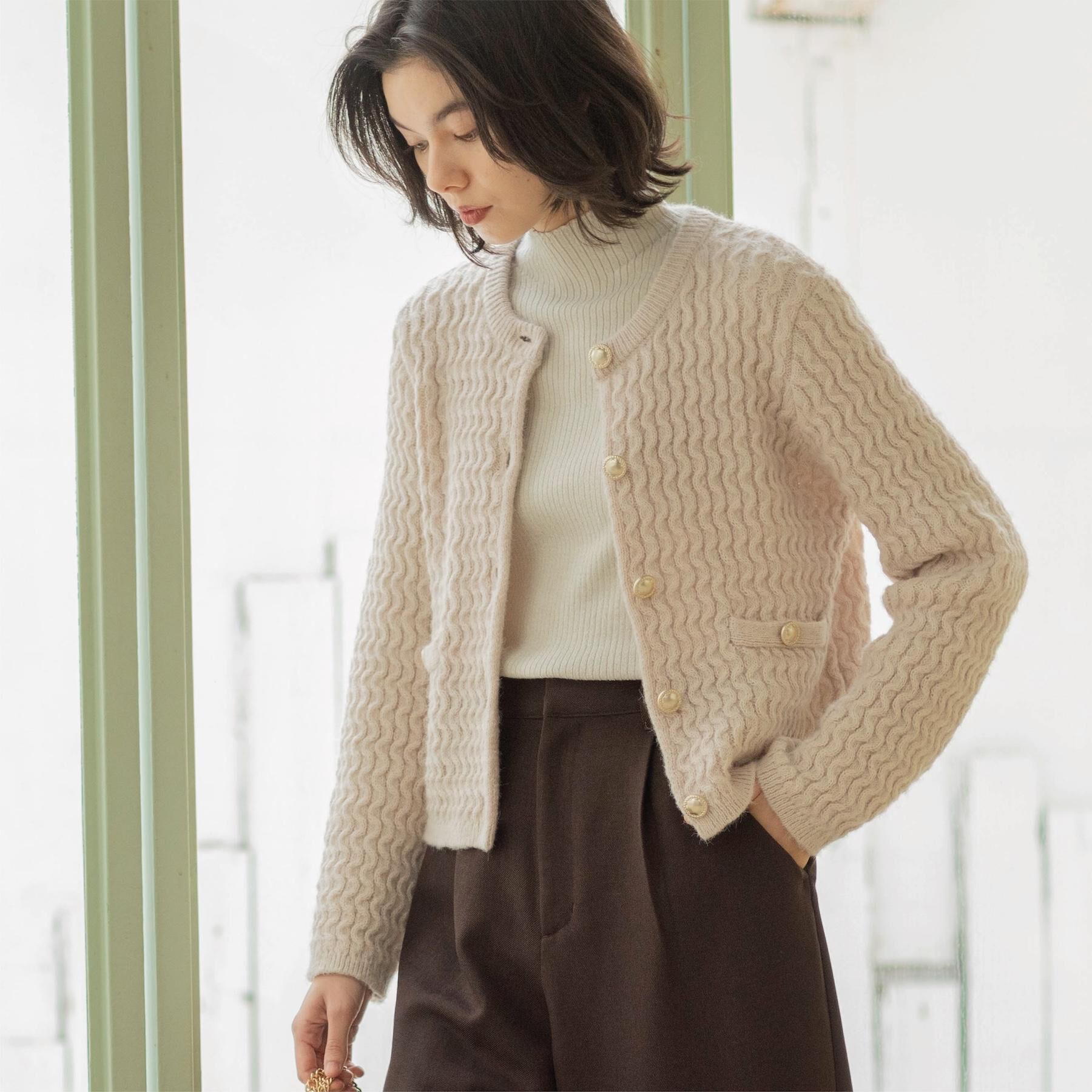 OPAQUE.CLIP「モヘヤタッチケーブル金ボタンカーディガン【洗濯機OK】」|カーディガン|オフホワイト(003